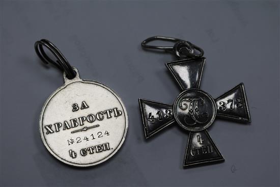 A Russian silver St George Cross no.413373 and Medal no.24124